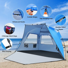 3-4 Person Pop-Up Beach Tent UPF 50+ Sun Shelter