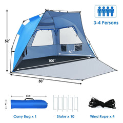 3-4 Person Pop-Up Beach Tent UPF 50+ Sun Shelter