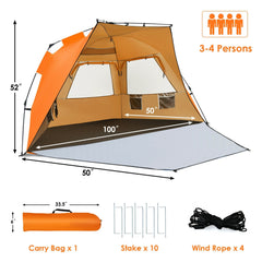 3-4 Person Pop-Up Beach Tent UPF 50+ Sun Shelter