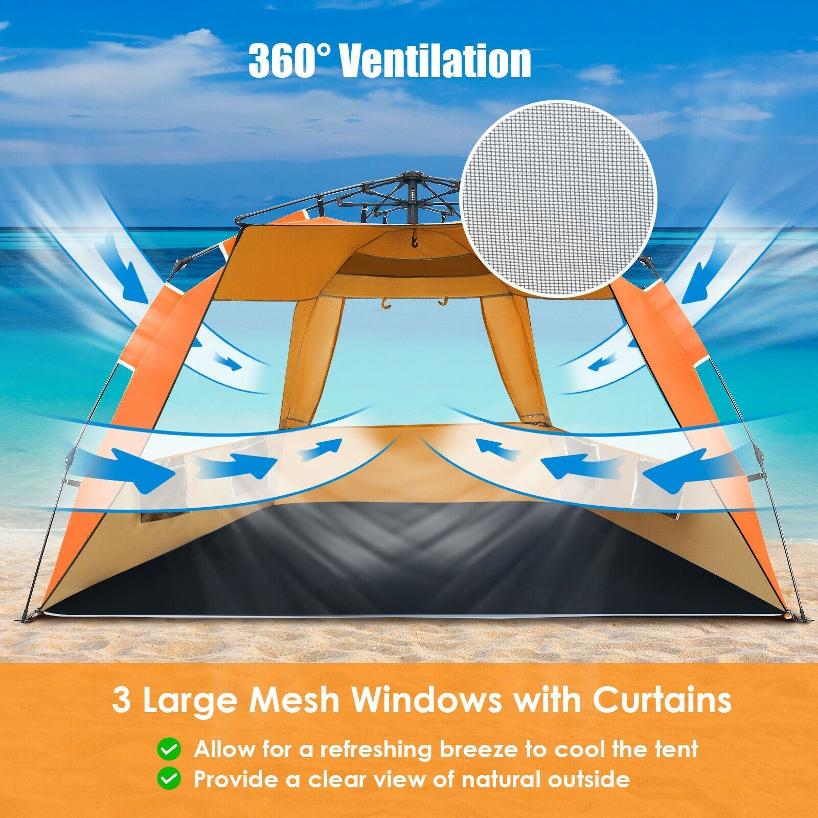 3-4 Person Pop-Up Beach Tent UPF 50+ Sun Shelter