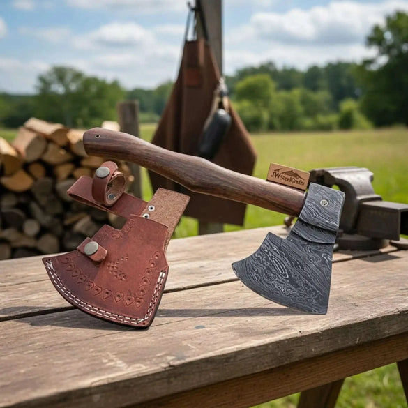 Backcountry Survival Hatchet with Damascus Edge Wood Grip