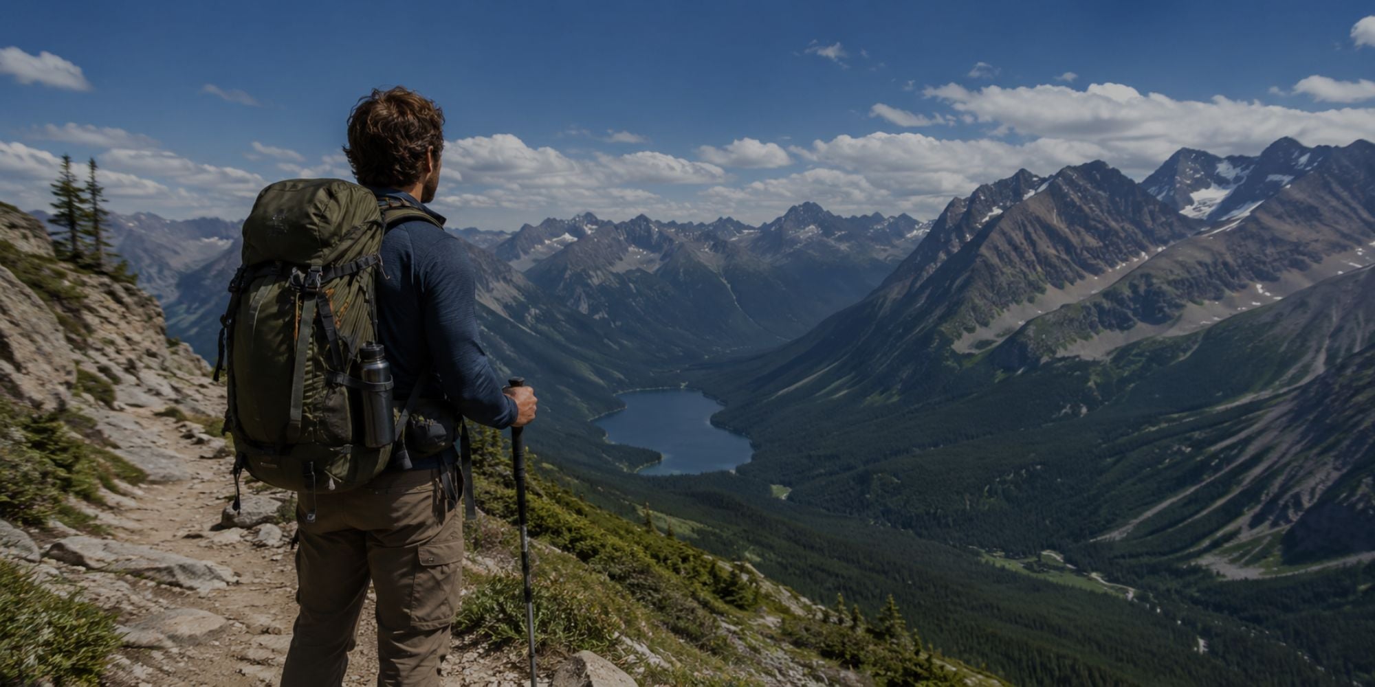Hiker with a backpack and poles overlooking a mountainous landscape with a lake.