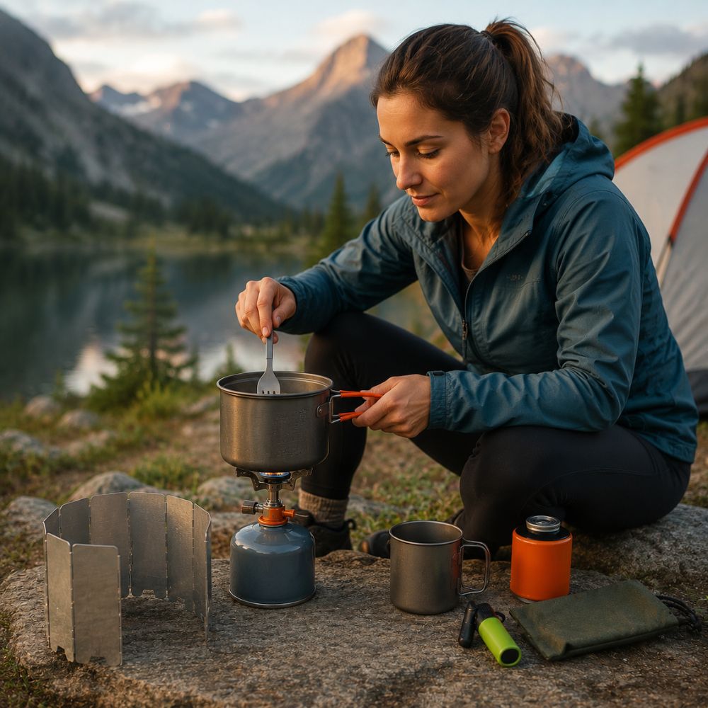 Woman cooking outdoors in a mountain setting with a camping stove and utensils.