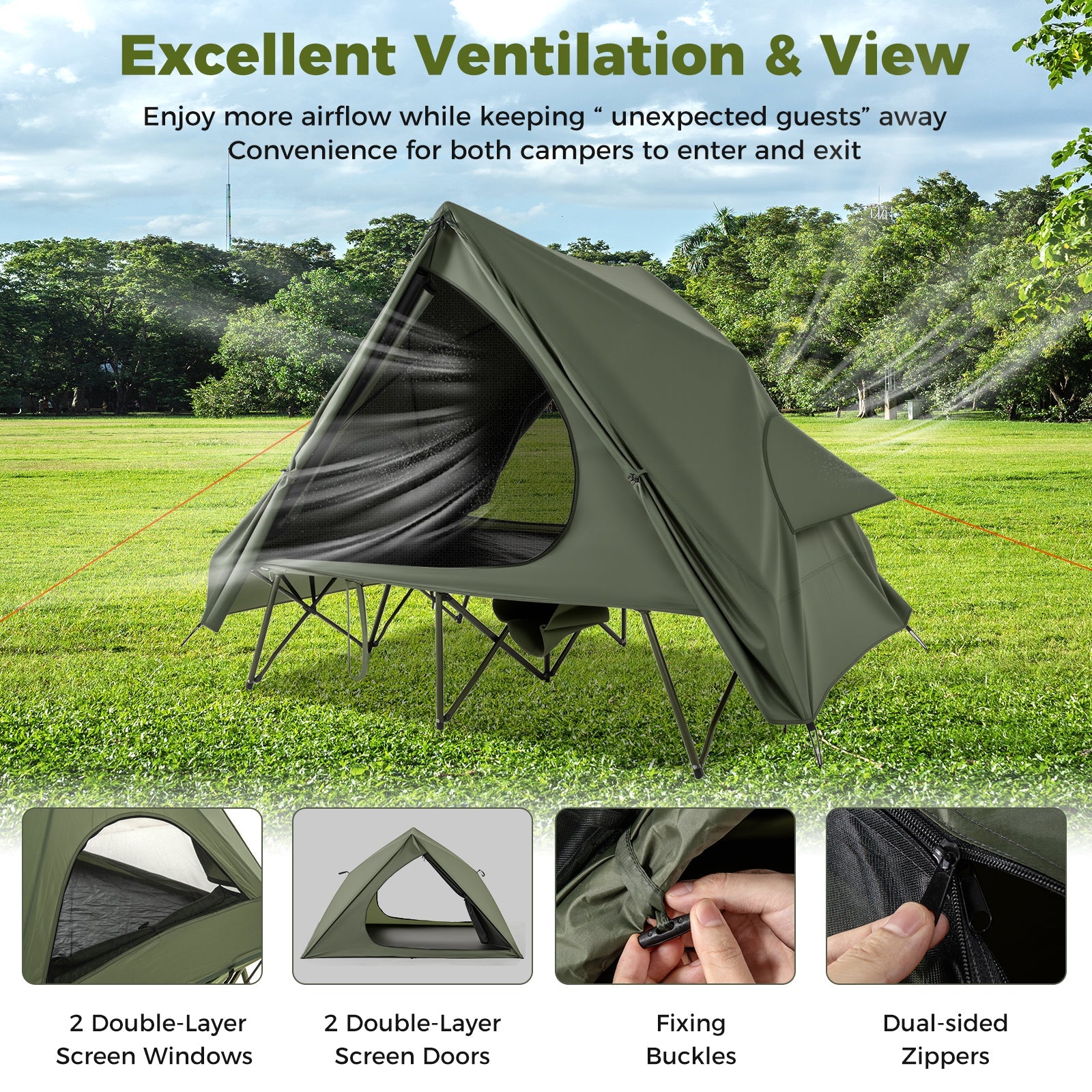 Foldable Two-Person Camping Cot Tent with Wheeled Carry Bag