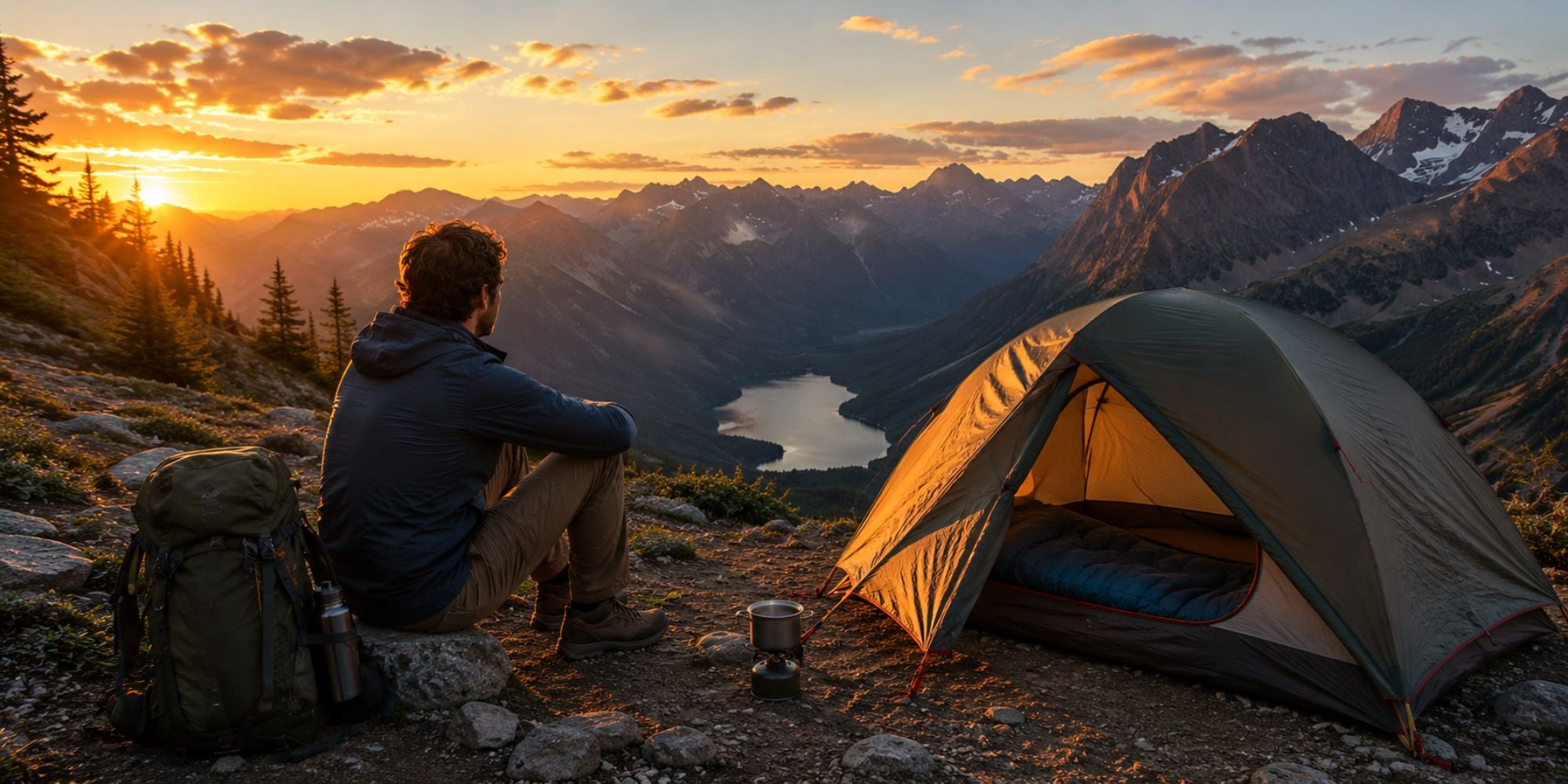 Person sitting by a tent at sunset with mountains and lake in the background